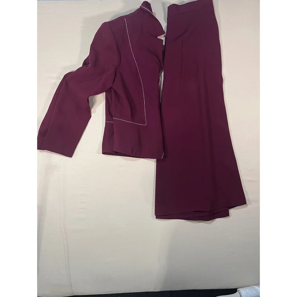 Dorby Womens Burgundy 2 Piece Skirt Suit Contrast Stitch Blazer Midi Skirt Sz 12